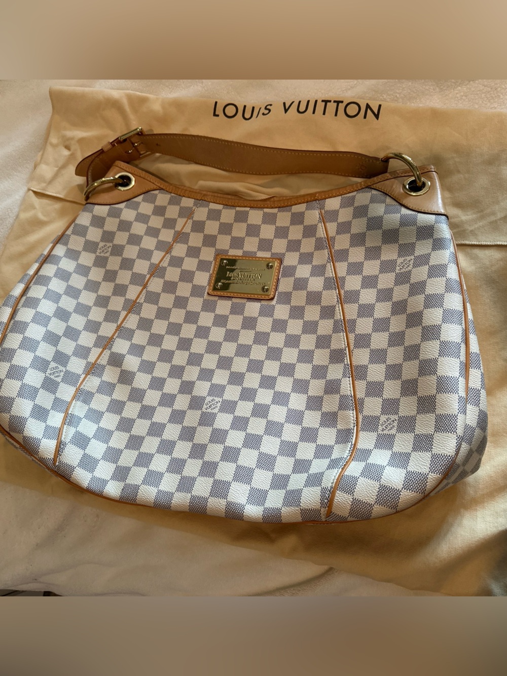 Louis Vuitton Damier Azur Gallieria GM Shoulder Bag White and Tan Leather Trim